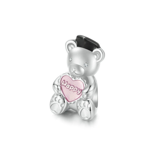 S925 Sterling Silver Platinum-plated Happy Bear Heart DIY Beads(SCC2838) - Jewelry Accessories by PMC Jewellery | Online Shopping South Africa | PMC Jewellery | Buy Now Pay Later Mobicred