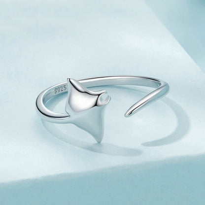 S925 Sterling Silver Platinum-Plated Ocean Manta Ray Adjustable Open Ring(SCR1037-E) - Rings by PMC Jewellery | Online Shopping South Africa | PMC Jewellery | Buy Now Pay Later Mobicred