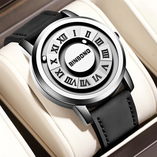 BINBOND B234 30m Waterproof Magnetic Suspension Watch, Color: Black Leather-White Steel-White - Leather Strap Watches by BINBOND | Online Shopping South Africa | PMC Jewellery | Buy Now Pay Later Mobicred