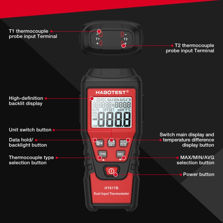 HABOTEST HT617B Digital Dual Channel Thermocouple Thermometer(Black Red) - free shipping - PMC TechLife - Order now!