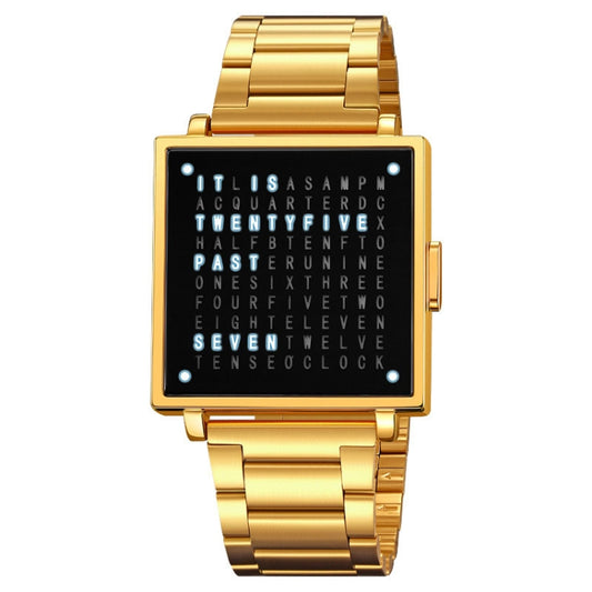 SKMEI Multi-function Letter Display Dial Square Men Electronic Watch, Color: Gold Steel Band - Metal Strap Watches by SKMEI | Online Shopping South Africa | PMC Jewellery | Buy Now Pay Later Mobicred