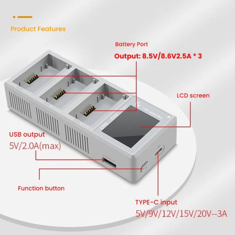 For DJI Mini 4 Pro / Mini 3 Pro / Mini 3 YX Color Screen 3-Way Charger Battery Manager Without Plug - free shipping - PMC TechLife - Order now!