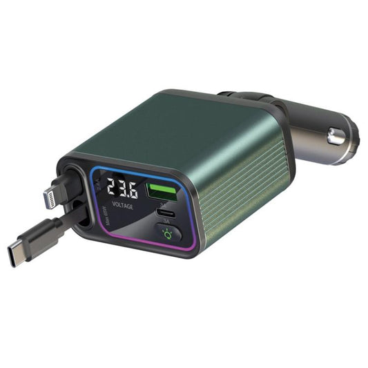 Dual Retractable Cable Auto Stowage Running Ambient Light Voltage Display Car Charger, Port: Type-C+8 Pin - Car Charger by PMC Jewellery | Online Shopping South Africa | PMC Jewellery | Buy Now Pay Later Mobicred