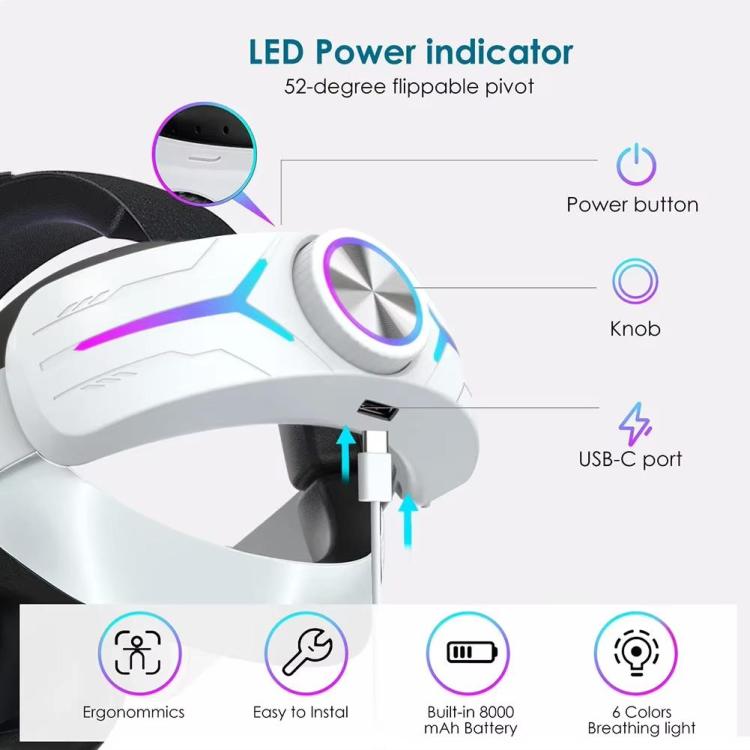 For Meta Quest 2 VR RGB Head Strap Adjustable Headband Built-in 8000 mAh Battery(Gaming White) - VR Accessories by PMc TechLife | Online Shopping South Africa | PMc TechLife | Buy Now Pay Later Mobicred