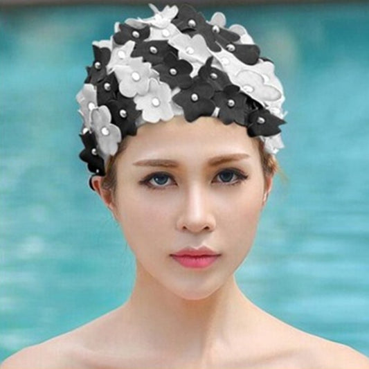 Pearl Three-dimensional Handmade Flower Swimming Cap for Women(Black White) - Swimming Caps by PMC Jewellery | Online Shopping South Africa | PMC Jewellery | Buy Now Pay Later Mobicred