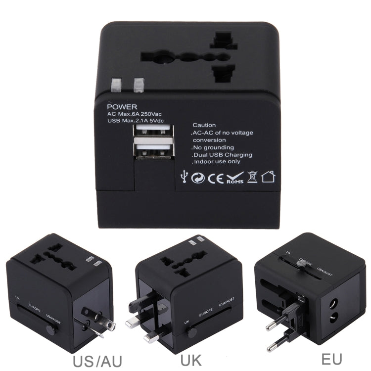 5V 2.1A Dual USB Power Socket Charger Adapter, UK / EU / US / AU Plug(Black) - Plug Adaptor by PMC TechLife | Online Shopping South Africa | PMC TechLife | Buy Now Pay Later Mobicred