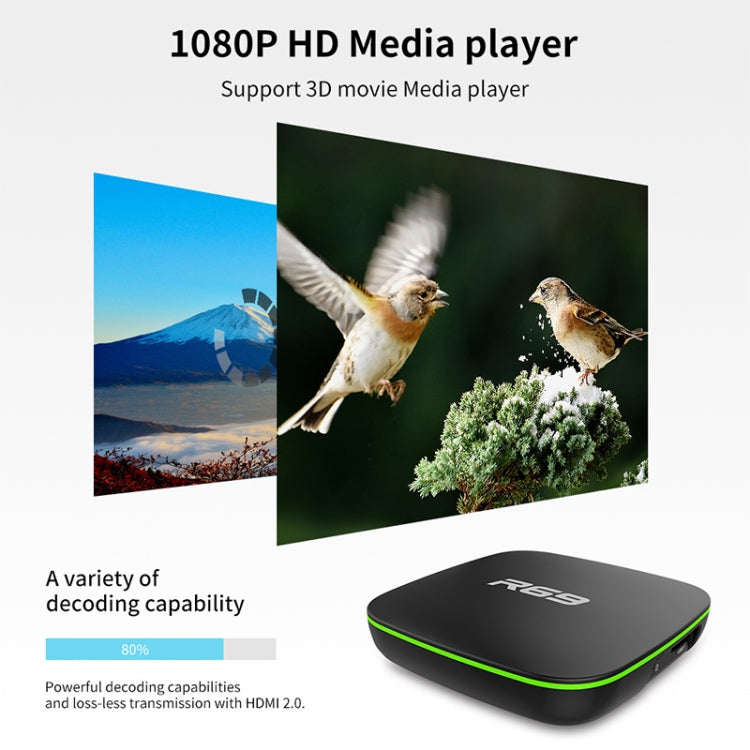 R69 1080P HD Smart TV BOX Android 4.4 Media Player with Remote Control, Quad Core Allwinner H3, RAM: 1GB, ROM: 8GB, 2.4G WiFi, LAN, AU Plug - Allwinner H3 by PMC Jewellery | Online Shopping South Africa | PMC Jewellery | Buy Now Pay Later Mobicred