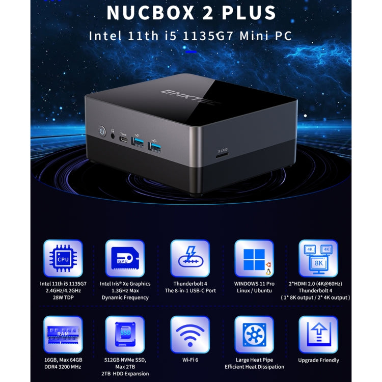 GMKTEC NUCBOX 2 Plus Windows 11 Pro/Linux/Ubuntu Mini PC, Intel 11th Tigerlake-U I5-1135G7, Quad Core 8 Thread, 2.4GHz up to 4.2GHz, 16GB+512GB, Support Bluetooth / WiFi, US Plug - Windows Mini PCs by GMKtec | Online Shopping South Africa | PMC Jewellery | Buy Now Pay Later Mobicred