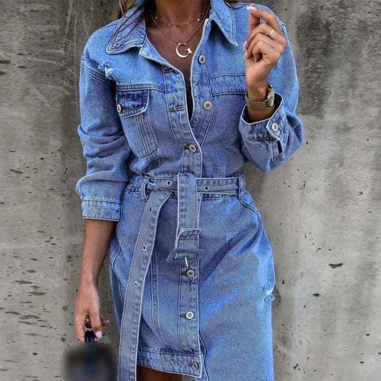Misalignment Single-breasted Denim Dress (Color:Blue Size:M) - Dress by PMC Jewellery | Online Shopping South Africa | PMC Jewellery