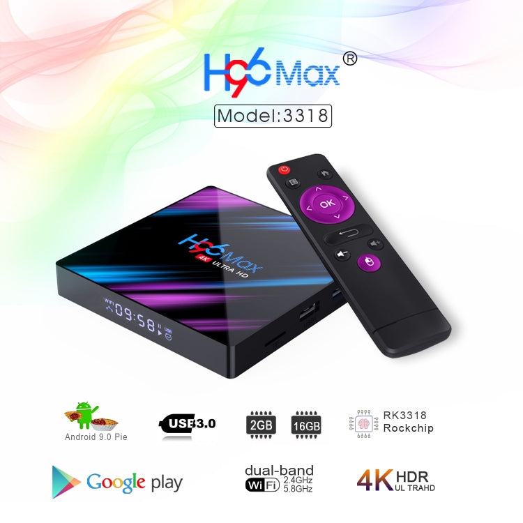 H96 Max-3318 4K Ultra HD Android TV Box with Remote Controller, Android 9.0, RK3318 Quad-Core 64bit Cortex-A53, WiFi 2.4G/5G, Bluetooth 4.0, 2GB+16GB - RK3318 by PMC Jewellery | Online Shopping South Africa | PMC Jewellery