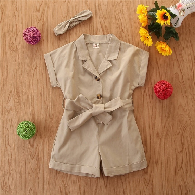 Girls Short-sleeved Single-breasted Jumpsuit (Color:Khaki Size:140) - Girl Clothing by PMC Jewellery | Online Shopping South Africa | PMC Jewellery