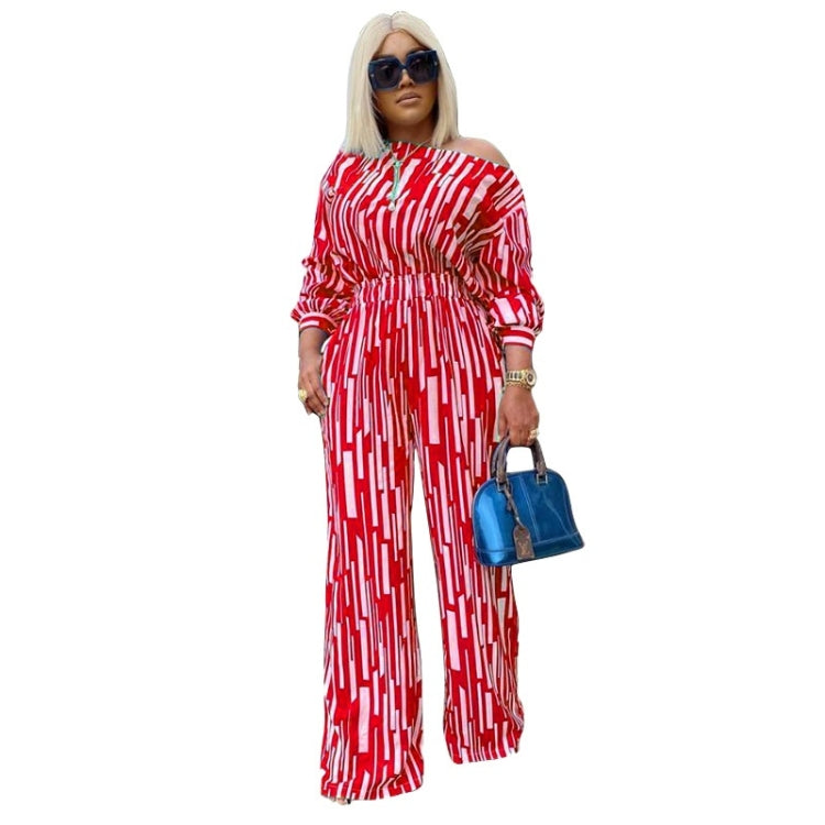 Large Size Striped Printing Oblique Long-sleeved Shoulder Loose Fashion Casual Suit (Color:Red Size:L) - One-Piece Garment by PMC Jewellery | Online Shopping South Africa | PMC Jewellery