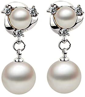 925 sterling silver plated drop earrings with clear crystal and white simulated pearl accents.