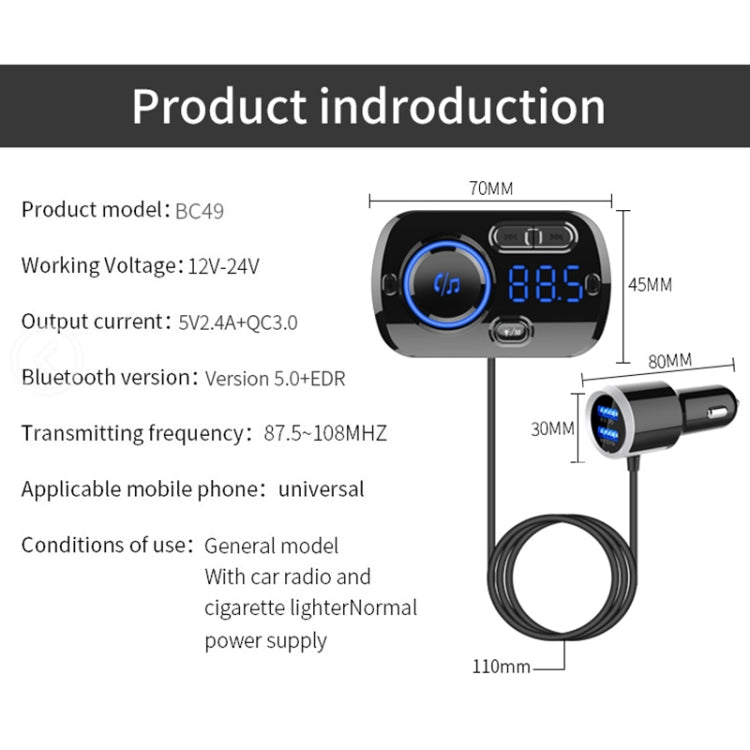 BC49BQ Car Digital Radio Receiver Bluetooth MP3 Player FM Transmitter Voice Assistant QC3.0 Quick Charger - Bluetooth Car Kits by PMC Jewellery | Online Shopping South Africa | PMC Jewellery