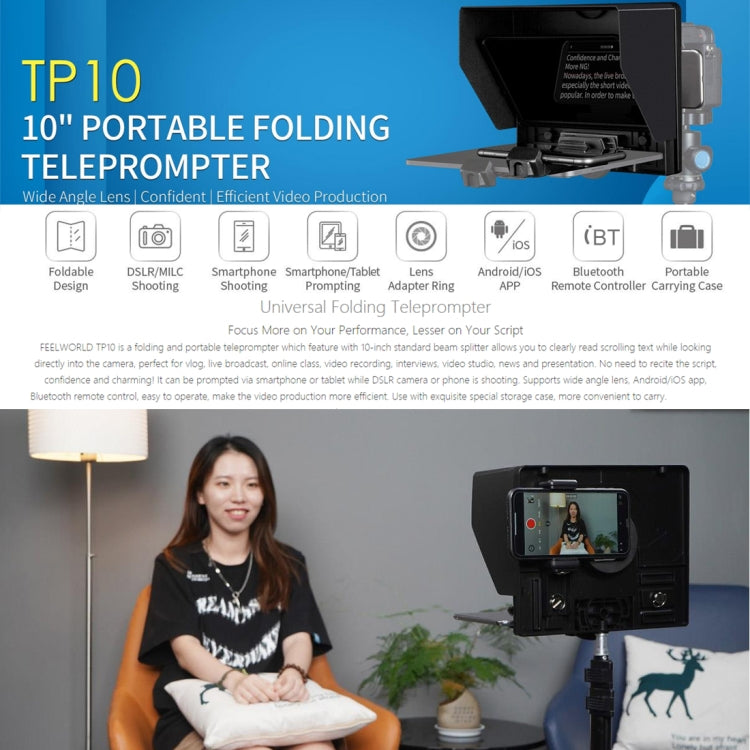 FEELWORLD TP10 Portable 10-inch Folding Teleprompter with Remote Control Lens Adapter Ring For Below 10 inches Smartphone / Tablet (Black) - Other Accessories by FEELWORLD | Online Shopping South Africa | PMC Jewellery | Buy Now Pay Later Mobicred