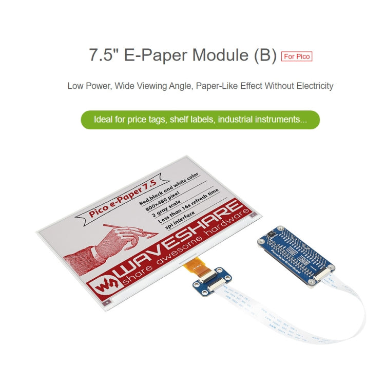 Waveshare 7.5 inch 800x480 Pixel Red Black White E-Paper E-Ink Display Module (B) for Raspberry Pi Pico, SPI Interface - free shipping - PMC TechLife - Order now!