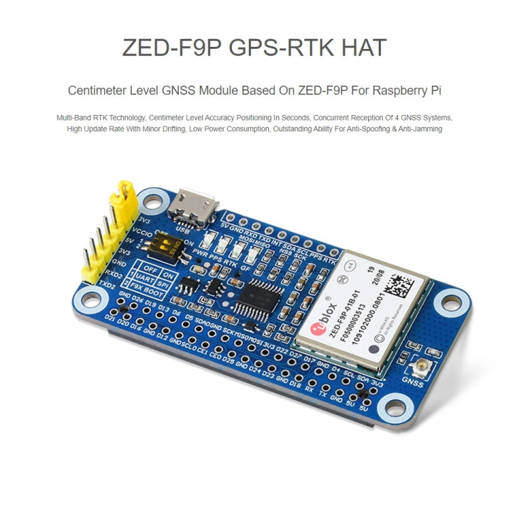 Waveshare ZED-F9P GPS-RTK HAT Centimeter Level Accuracy Multi-Band RTK Differential GPS Module for Raspberry Pi - Modules Expansions Accessories by WAVESHARE | Online Shopping South Africa | PMC Jewellery | Buy Now Pay Later Mobicred