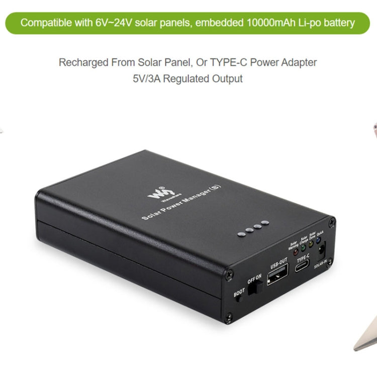 Waveshare Solar Power Manager, Embedded 10000mAh Li-Po Battery, Support 6V~24V Solar Panels (Black) - free shipping - PMC TechLife - Order now!