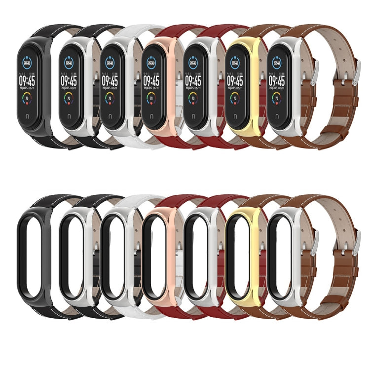 For Xiaomi Mi Band 6 / 5 / 4 / 3 Mijobs CS First Layer Cowhide Watch Band(Brown + Silver) - Watch Bands by MIJOBS | Online Shopping South Africa | PMC TechLife | Buy Now Pay Later Mobicred