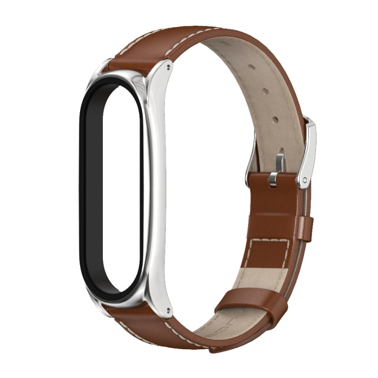 For Xiaomi Mi Band 6 / 5 / 4 / 3 Mijobs First Layer Cowhide Plus Watch Band(Brown Silver) - Watch Bands by MIJOBS | Online Shopping South Africa | PMC TechLife | Buy Now Pay Later Mobicred