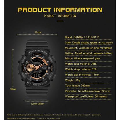 SANDA World Time Luminous Calendar Multifunctional Men Sports Quartz Watch(3110 Black Rose Gold) - Sport Watches by SANDA | Online Shopping South Africa | PMC Jewellery | Buy Now Pay Later Mobicred