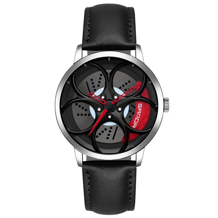 SANDA 1070 3D Oval Hollow Out Wheel Non-rotatable Dial Quartz Watch for Men, Style:Leather Belt(Silver Red) - Leather Strap Watches by SANDA | Online Shopping South Africa | PMC Jewellery | Buy Now Pay Later Mobicred