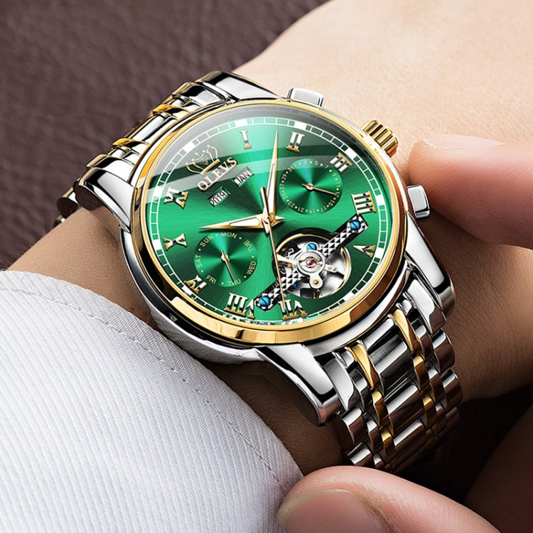 OLEVS 6607 Multi-function Men Big Flywheel Automatic Waterproof Mechanical Watch(Silver Gold Green) - Metal Strap Watches by OLEVS | Online Shopping South Africa | PMC Jewellery | Buy Now Pay Later Mobicred