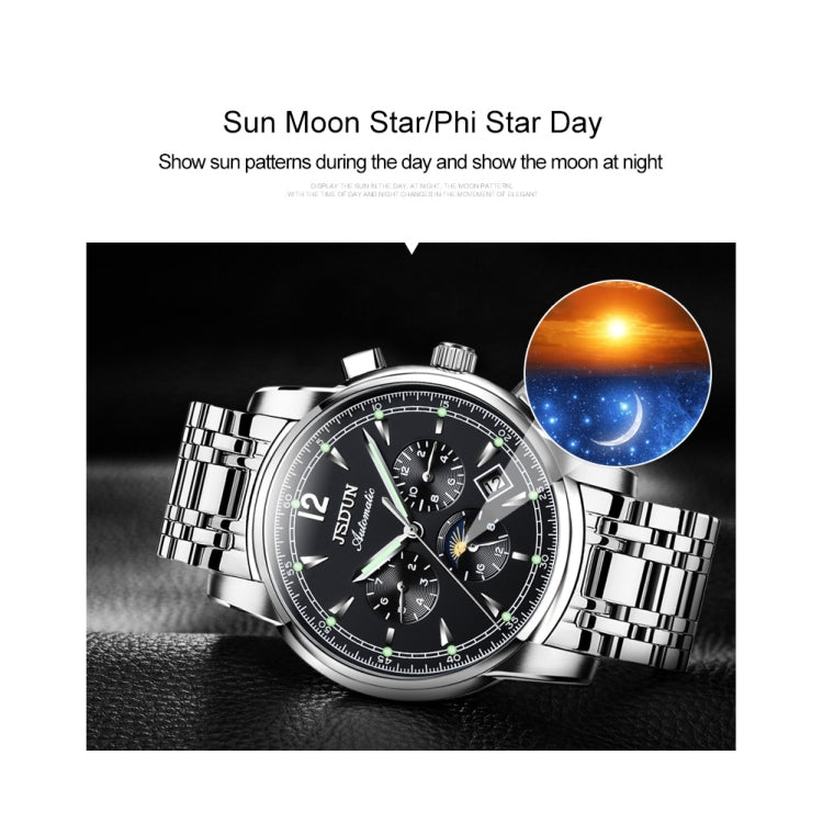 JIN SHI DUN 8750 Men Fashion Waterproof Luminous Mechanical Watch(Silver Black) - Metal Strap Watches by JIN SHI DUN | Online Shopping South Africa | PMC Jewellery | Buy Now Pay Later Mobicred