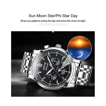 JIN SHI DUN 8750 Men Fashion Waterproof Luminous Mechanical Watch(Silver Black) - Metal Strap Watches by JIN SHI DUN | Online Shopping South Africa | PMC Jewellery | Buy Now Pay Later Mobicred