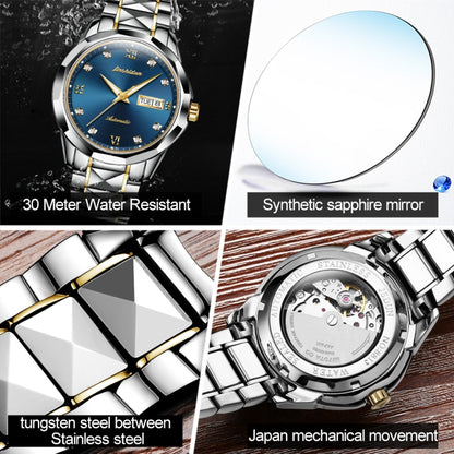 JIN SHI DUN 8813 Fashion Waterproof Luminous Automatic Mechanical Watch, Style:Men(Silver Gold Blue) - Metal Strap Watches by JIN SHI DUN | Online Shopping South Africa | PMC Jewellery | Buy Now Pay Later Mobicred