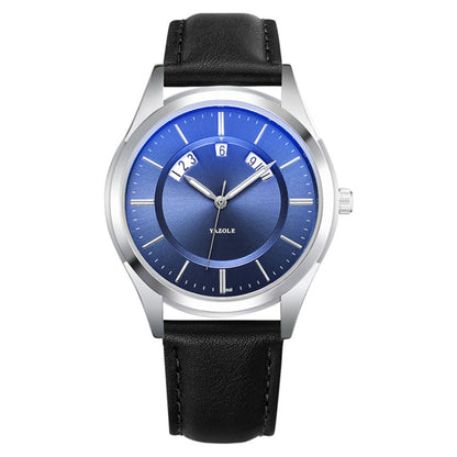 YAZOLE 513 Leather Band Calendar Waterproof Quartz Watch(Blue+Black) - Leather Strap Watches by YAZOLE | Online Shopping South Africa | PMC Jewellery | Buy Now Pay Later Mobicred