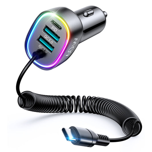 JOYROOM JR-CL19 60W 4 in 1 Car Charger with Type-C Coiled Data Cable(Black) - Car Charger by JOYROOM | Online Shopping South Africa | PMC Jewellery