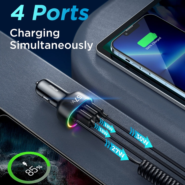 JOYROOM JR-CL20 57W 4 in 1 Car Charger with 8 Pin Coiled Data Cable(Black) - Car Charger by JOYROOM | Online Shopping South Africa | PMC Jewellery
