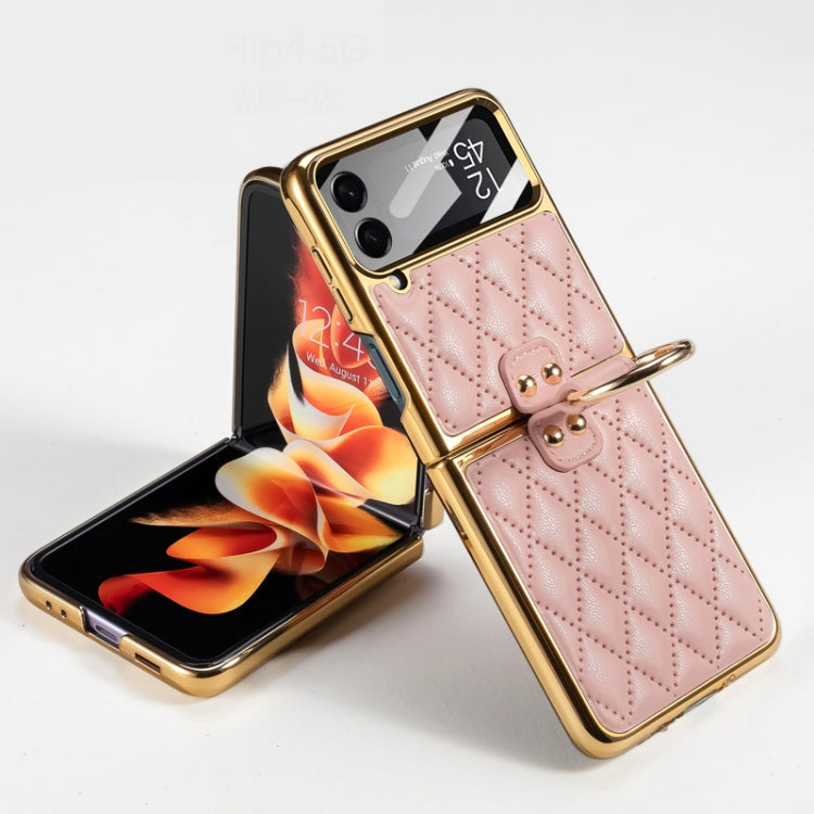 For Samsung Galaxy Z Flip4 GKK Integrated Plating + Leather Phone Case with Ring(Pink) - Galaxy Z Flip4 5G Cases by GKK | Online Shopping South Africa | PMC TechLife | Buy Now Pay Later Mobicred