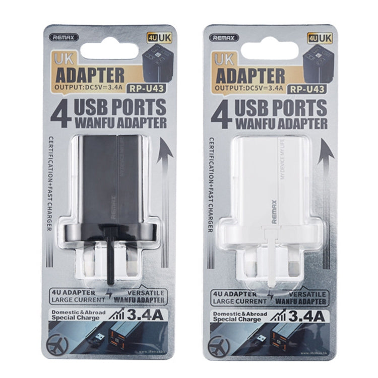 REMAX RP-U43 3.4A 4 USB Port Fast Charger, Specification:UK Plug(White) - USB Charger by REMAX | Online Shopping South Africa | PMC Jewellery | Buy Now Pay Later Mobicred