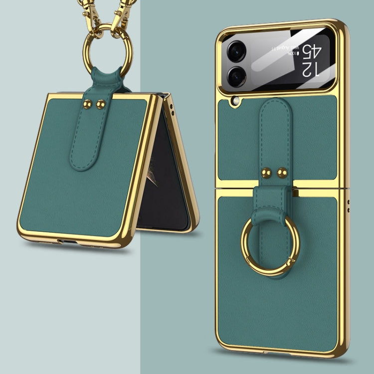 For Samsung Galaxy Z Flip4 GKK Plating + Leather Phone Case with Ring & Strap(Green) - Galaxy Z Flip4 5G Cases by GKK | Online Shopping South Africa | PMC Jewellery