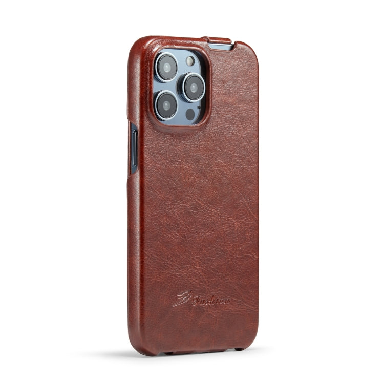 For iPhone 14 Pro Max Fierre Shann Oil Wax Texture Vertical Flip PU Phone Case (Brown) - iPhone 14 Pro Max Cases by FIERRE SHANN | Online Shopping South Africa | PMC Jewellery