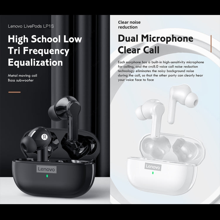 Lenovo LP1S TWS Wireless Bluetooth 5.0 Waterproof Sport Noise Reduction HIFI Bass Earphone with Mic(Black) - TWS Earphone by Lenovo | Online Shopping South Africa | PMC Jewellery | Buy Now Pay Later Mobicred