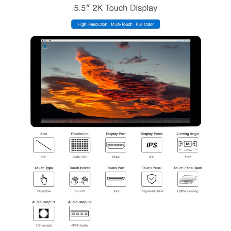 Waveshare Raspberry Pi 5.5 inch 2K Capacitive Touch LCD Display(Black) - free shipping - PMC TechLife - Order now!