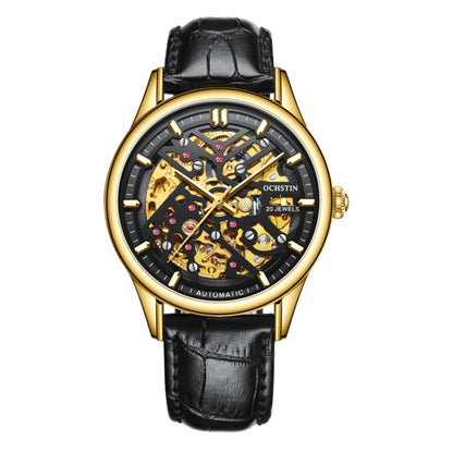 OCHSTIN 6020C Masterpiece Hollow Mechanical Men Watch(Gold-Black) - Leather Strap Watches by OCHSTIN | Online Shopping South Africa | PMC Jewellery | Buy Now Pay Later Mobicred