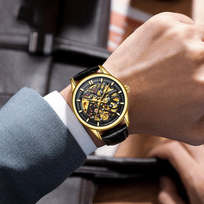 OCHSTIN 6020C Masterpiece Hollow Mechanical Men Watch(Gold-Black) - Leather Strap Watches by OCHSTIN | Online Shopping South Africa | PMC Jewellery | Buy Now Pay Later Mobicred