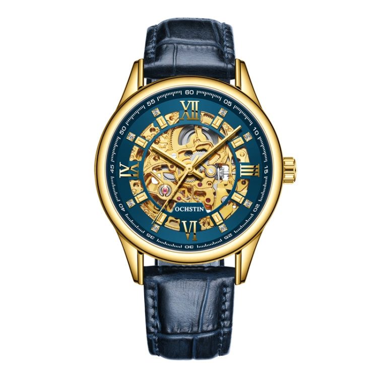 OCHSTIN 6020D Masterpiece Hollow Mechanical Men Watch(Gold-Blue) - Leather Strap Watches by OCHSTIN | Online Shopping South Africa | PMC Jewellery | Buy Now Pay Later Mobicred