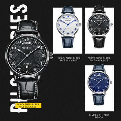 OCHSTIN 6141A Masterpiece Day-date Mechanical Men Watch(Silver-Black) - Leather Strap Watches by OCHSTIN | Online Shopping South Africa | PMC Jewellery | Buy Now Pay Later Mobicred