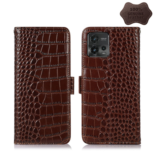 For Motorola Moto G72 Magnetic Crocodile Texture Genuine Leather RFID Phone Case(Brown) - Motorola Cases by PMC Jewellery | Online Shopping South Africa | PMC Jewellery