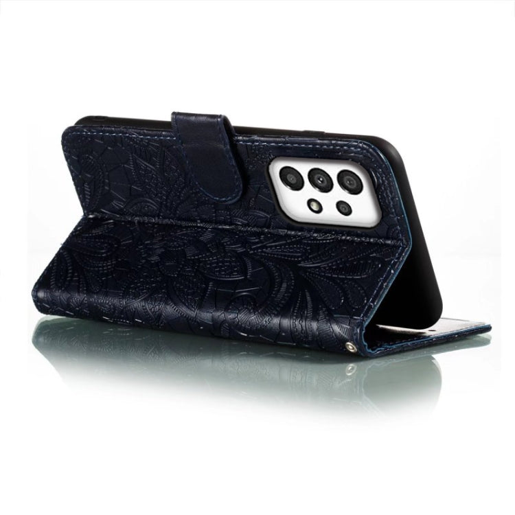 For Samsung Galaxy A34 5G Lace Flower Embossing Flip Leather Phone Case(Dark Blue) - free shipping - PMC TechLife - Order now!