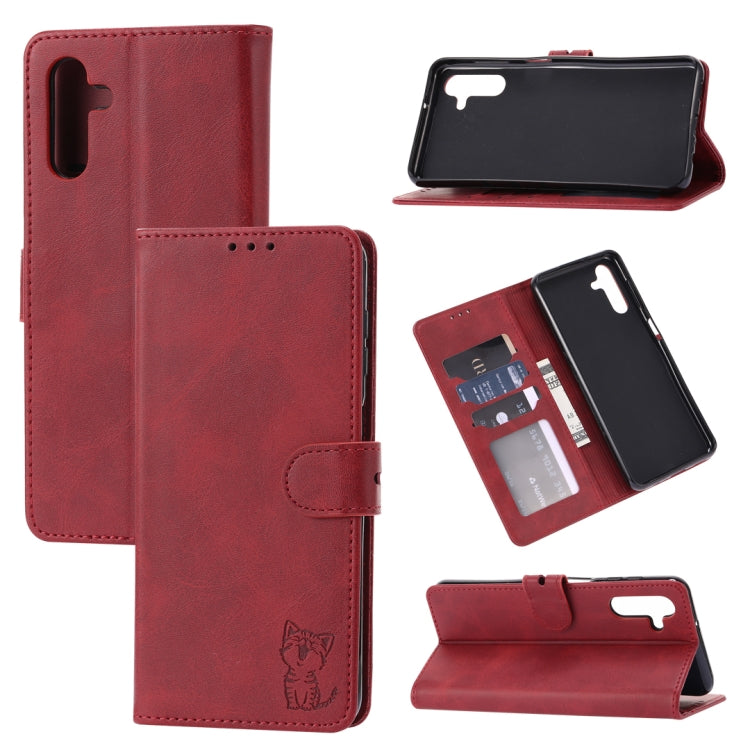 For Samsung Galaxy A34 5G Embossed Happy Cat Pattern Flip Leather Phone Case(Red) - free shipping - PMC TechLife - Order now!