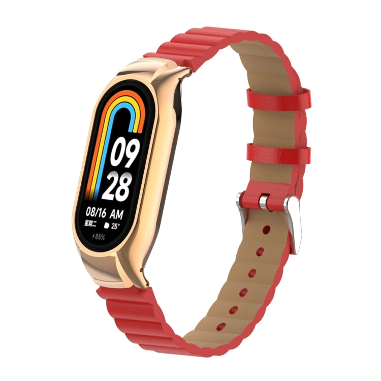 For Xiaomi Mi Band 8 Integrated Metal Case + Bamboo Leather Watch Band(Red) - Smart Wear by PMC Jewellery | Online Shopping South Africa | PMC Jewellery