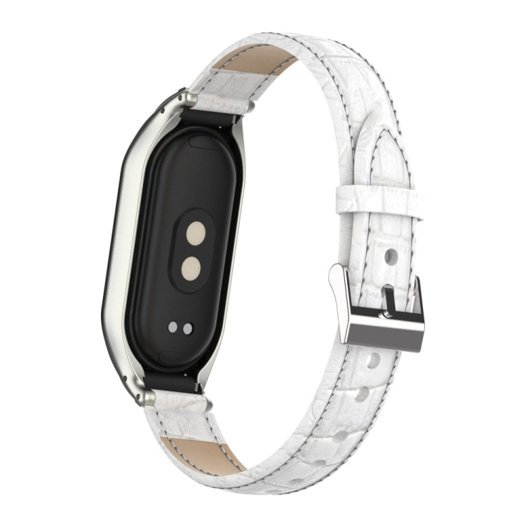 For Xiaomi Mi Band 8 Integrated Metal Case + Cocodile Texture Leather Watch Band(White) - Smart Wear by PMC Jewellery | Online Shopping South Africa | PMC Jewellery