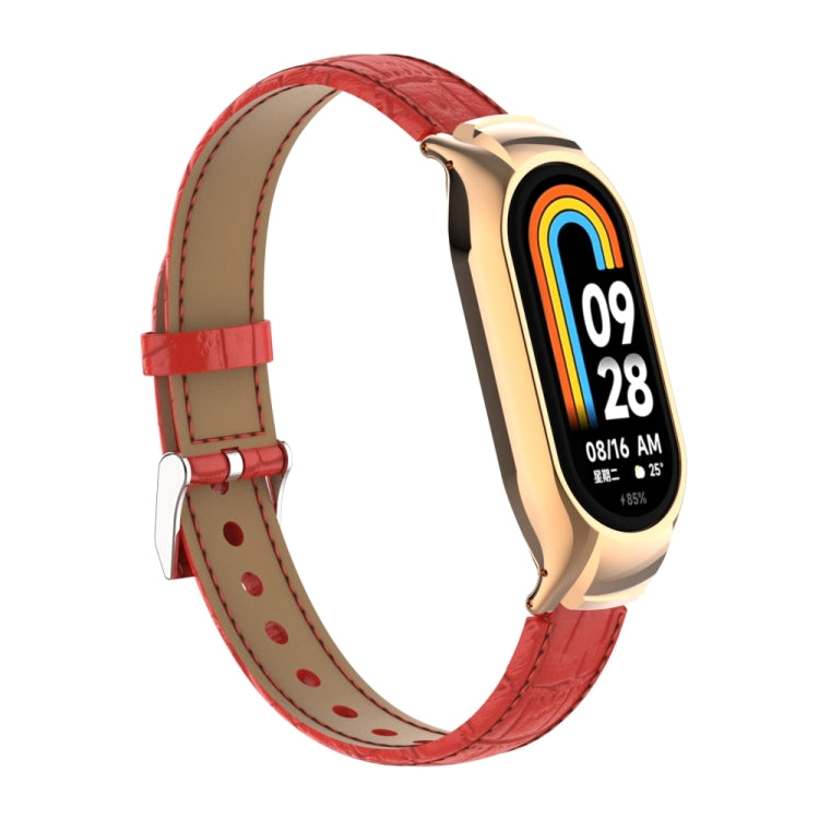 For Xiaomi Mi Band 8 Integrated Metal Case + Cocodile Texture Leather Watch Band(Red) - Smart Wear by PMC Jewellery | Online Shopping South Africa | PMC Jewellery
