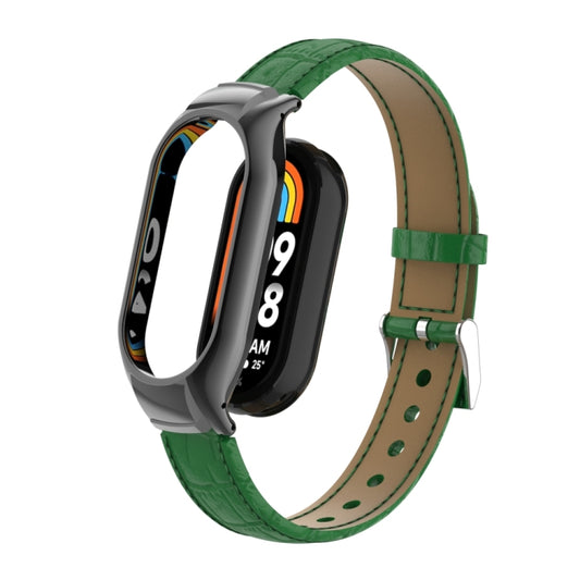 For Xiaomi Mi Band 8 Integrated Metal Case + Cocodile Texture Leather Watch Band(Green) - Smart Wear by PMC Jewellery | Online Shopping South Africa | PMC Jewellery